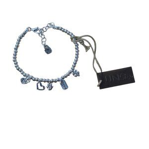 Uno de 50 Silver Charm Beaded Bracelet Heart Clover Suerte Adjustable